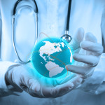 Medical Doctor holding a world gobe in her hands as medical network